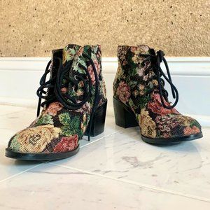 Vintage Floral Tapestry Lace-Up Booties
